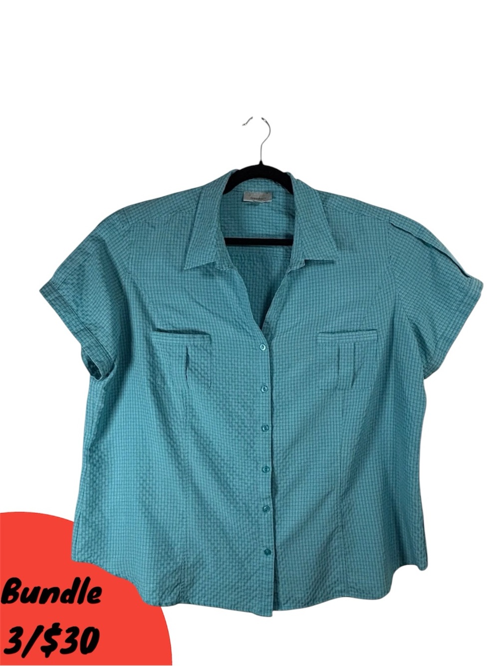 dressbarn Turquoise Waffle-Textured Short-Sleeve Button Down Classy Casual Shirt